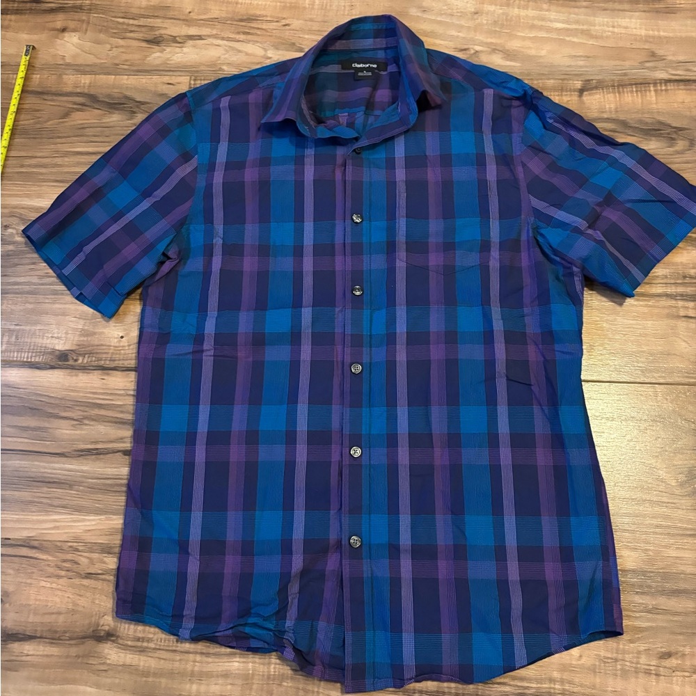 Claiborne Men's Blue and Purple Checkered Shirt